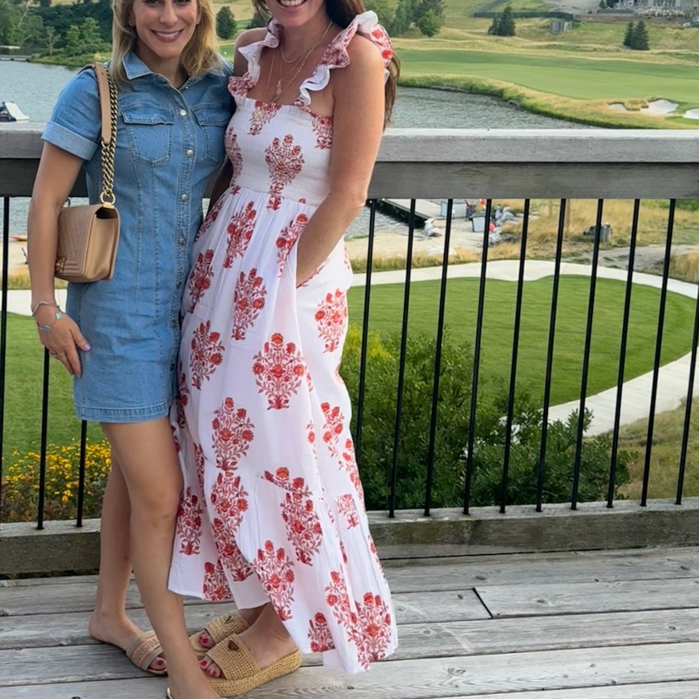 Smocked Square-Neck White Maxi Dress with Blue Floral Print - Picture 5 of 10